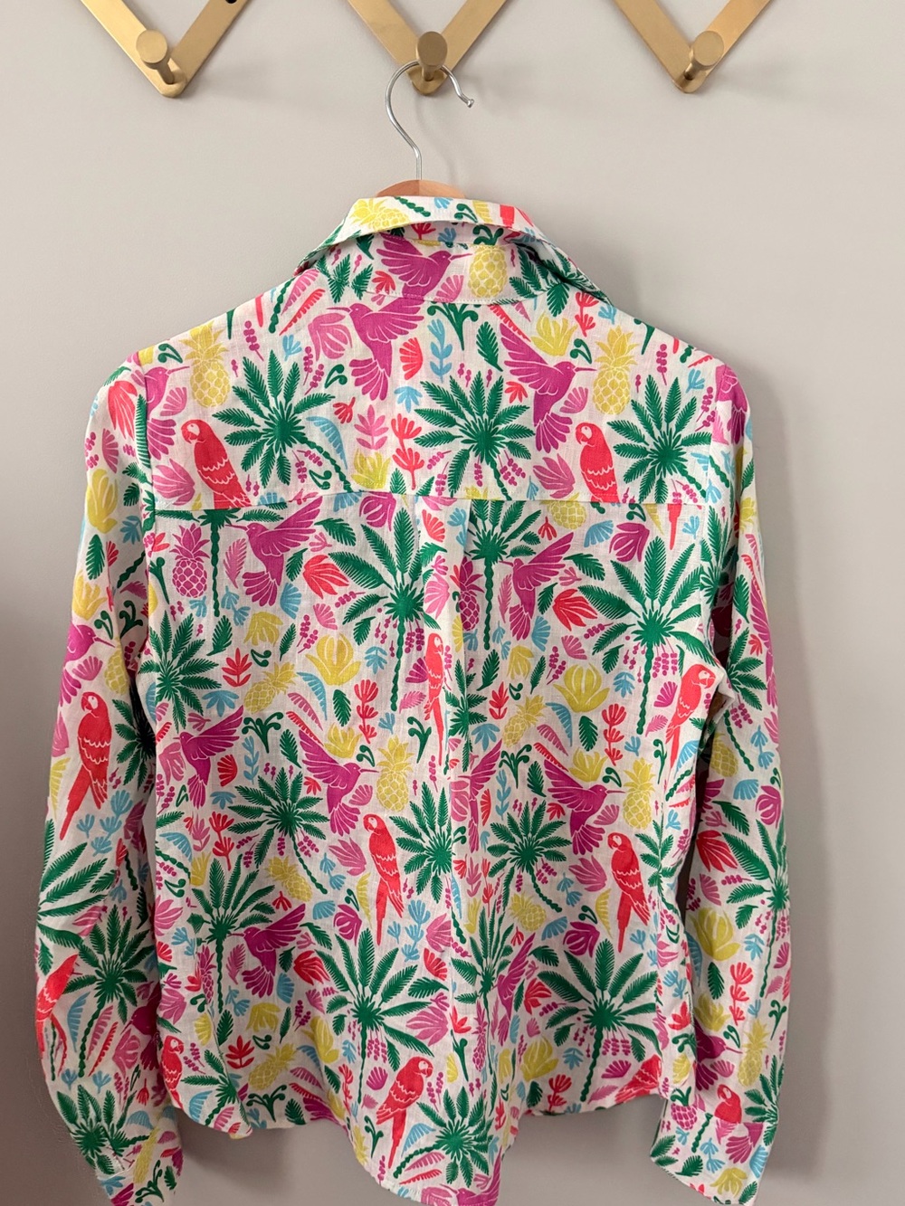 Boden Linen Blend Shirt Tropical Parrot Palm Print Button Front Colorful Sz US 4 - Picture 3 of 8